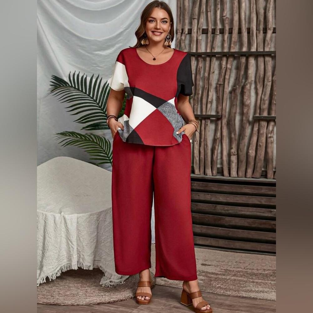 Plus Size Summer
Clothes Short Sleeve Top And Wid  Leg Pants Two-Piece Set